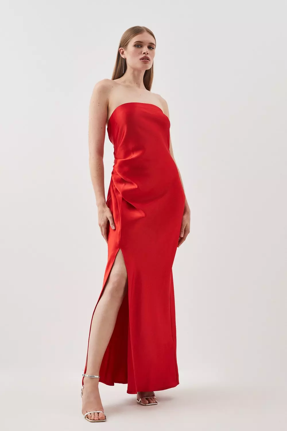 Tall Premium Strapless Satin Panelled Woven Midi Dress | Karen Millen