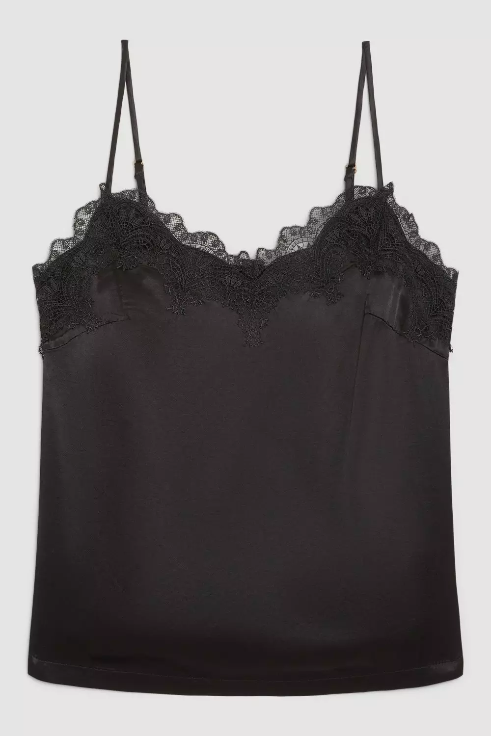 Satin Cami Crop Top With Lace Trim - Black