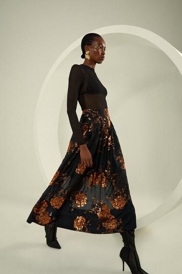 Floral Sequinned Organza Woven Skirt black