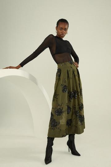 Floral Sequinned Organza Woven Skirt khaki