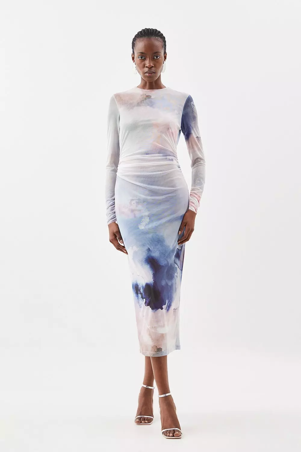 Cloud Printed Mesh Ruched Midaxi Dress