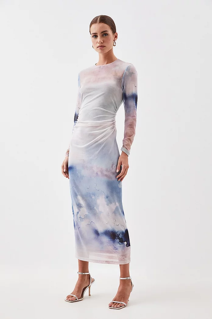 Petite Cloud Printed Mesh Ruched Midaxi Dress | Karen Millen