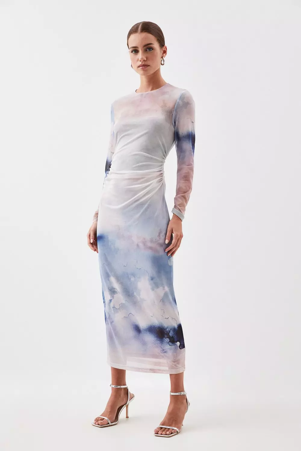 Long Sleeve Mesh Midi Dress In Multi Tie Dye | SilkFred