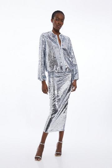 Silver Sequin Woven Midi Skirt