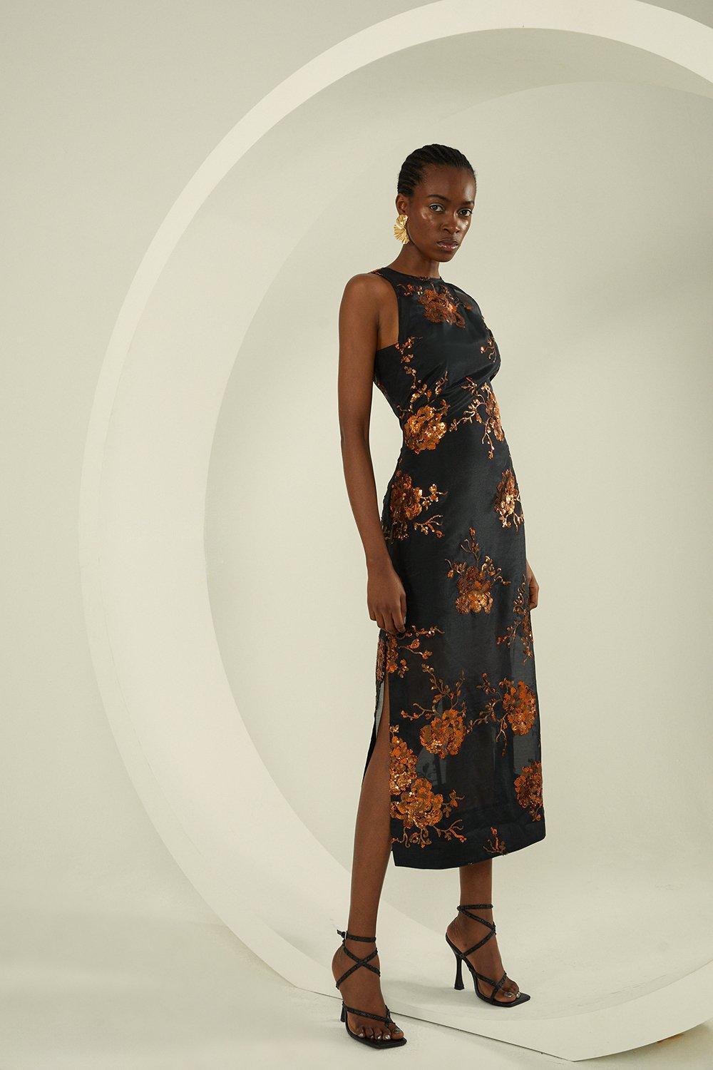 Black floral midi dresses sale