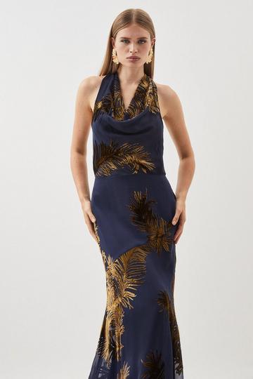 Satin Halter Gown With Feathers in Black Black