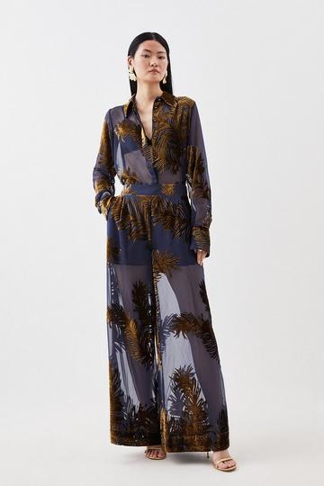 Feather Devore Woven Wide Leg Trousers navy