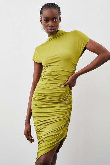 Slinky Jersey Ruched Aysmetric Midi Dress green