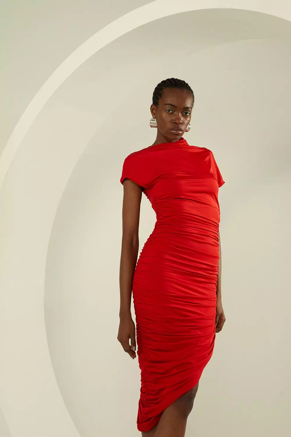 Slinky Jersey Ruched Aysmetric Midi Dress