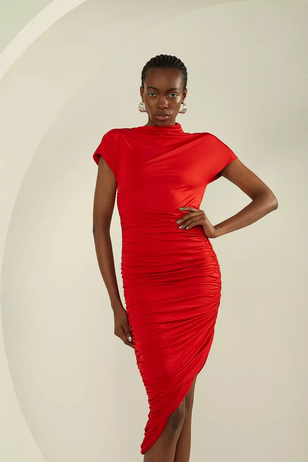 Slinky Jersey Ruched Aysmetric Midi Dress