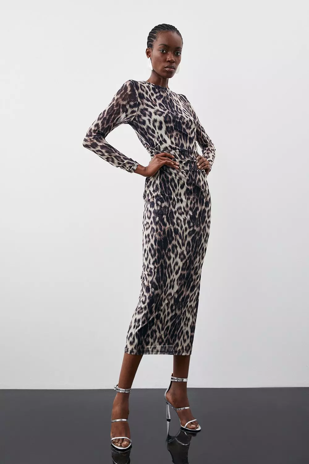 Blue Animal Print Mesh Ruched Detail Midi Jersey Dress