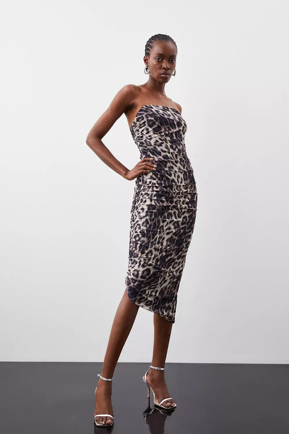 Animal Printed Mesh Bandeau Jersey Midi Dress