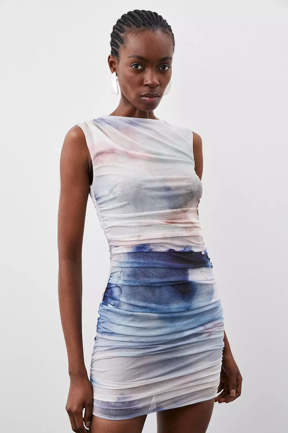 Cloud Printed Mesh Ruched Sleeveless Mini Dress