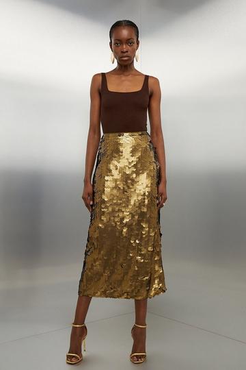 Gold Metallic Metallic Matte Sequin Woven Midi Skirt