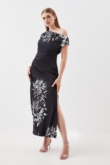 Satin Crepe Floral One Shoulder Woven Maxi Dress mono