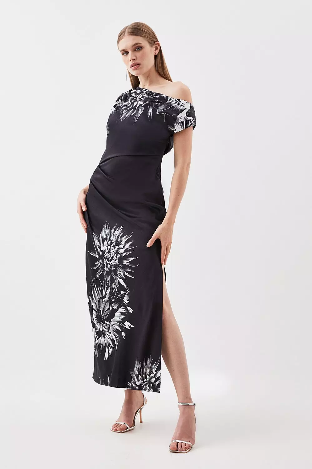 Satin Crepe Floral One Shoulder Woven Maxi Dress Karen Millen