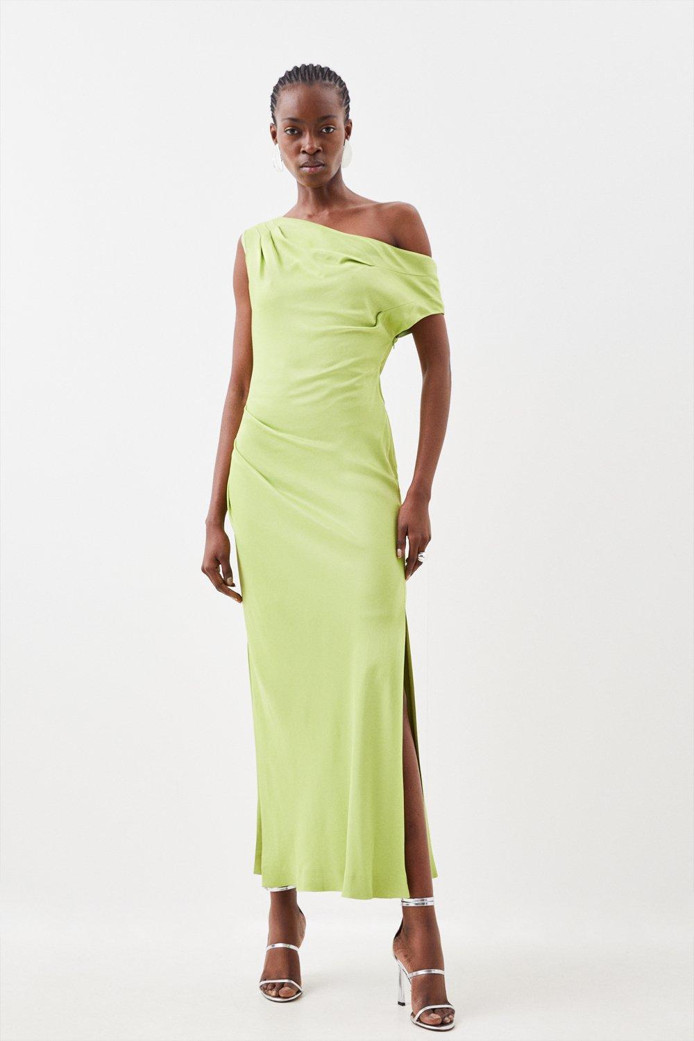 Tailored Satin Back Crepe Drape One Shoulder Maxi Dress