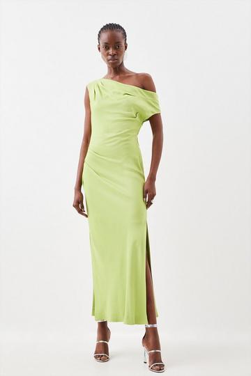 Green Satin Crepe One Shoulder Woven Maxi Dress