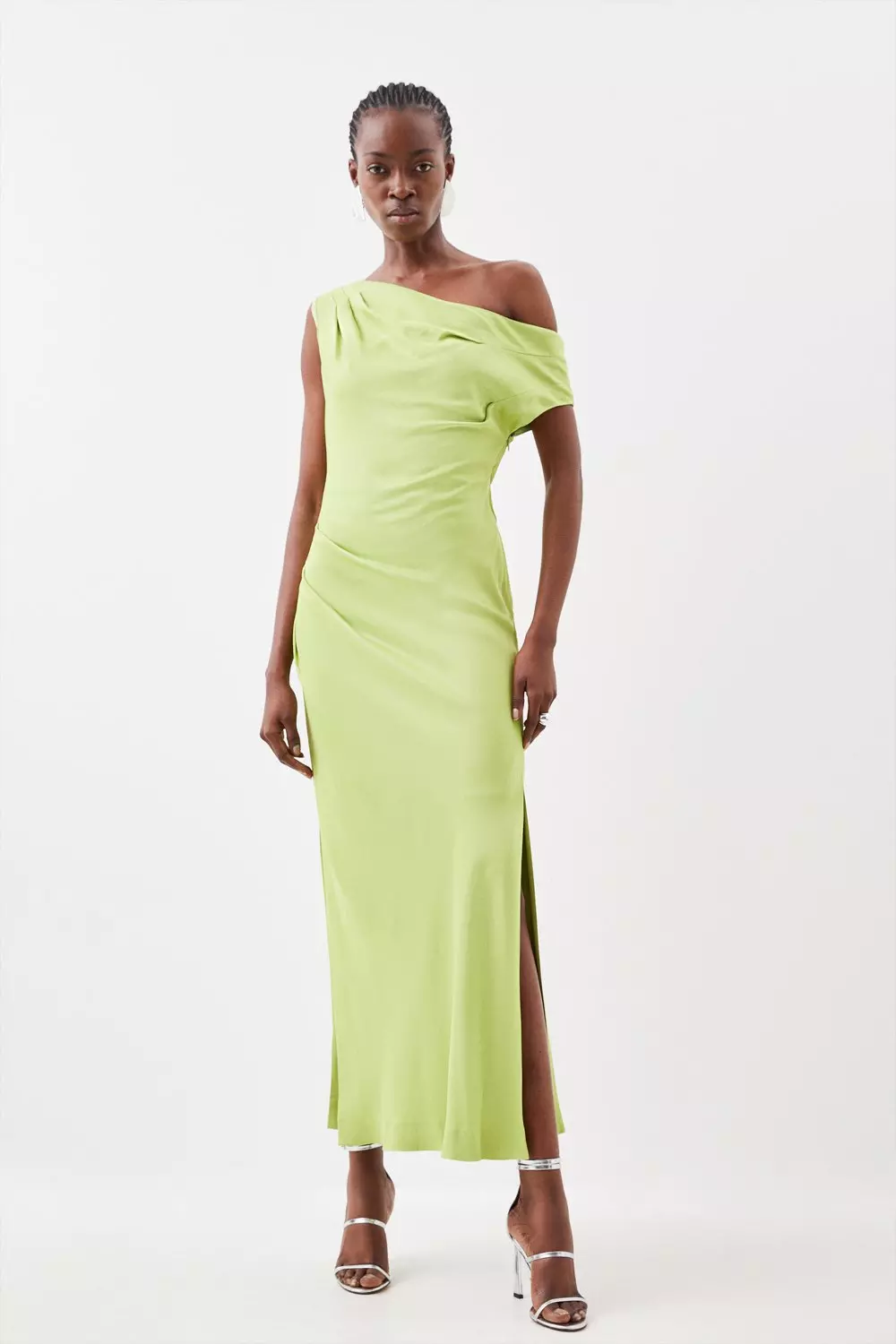 One shoulder outlet satin maxi dress