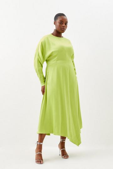 Green Plus Size Satin Crepe Long Sleeve Midi Dress