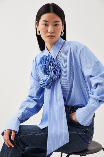Blue Striped Cotton Woven Shirt With Rosette