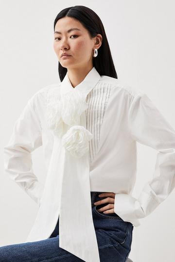 White Striped Cotton Woven Shirt With Rosette