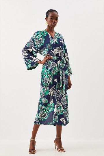 Floral Multi Batik Batwing Sleeve Woven Midi Dress