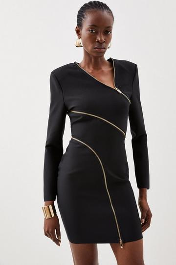 Black Figure Form Bandage Knit Zip Detail Power Shoulder Mini Dress