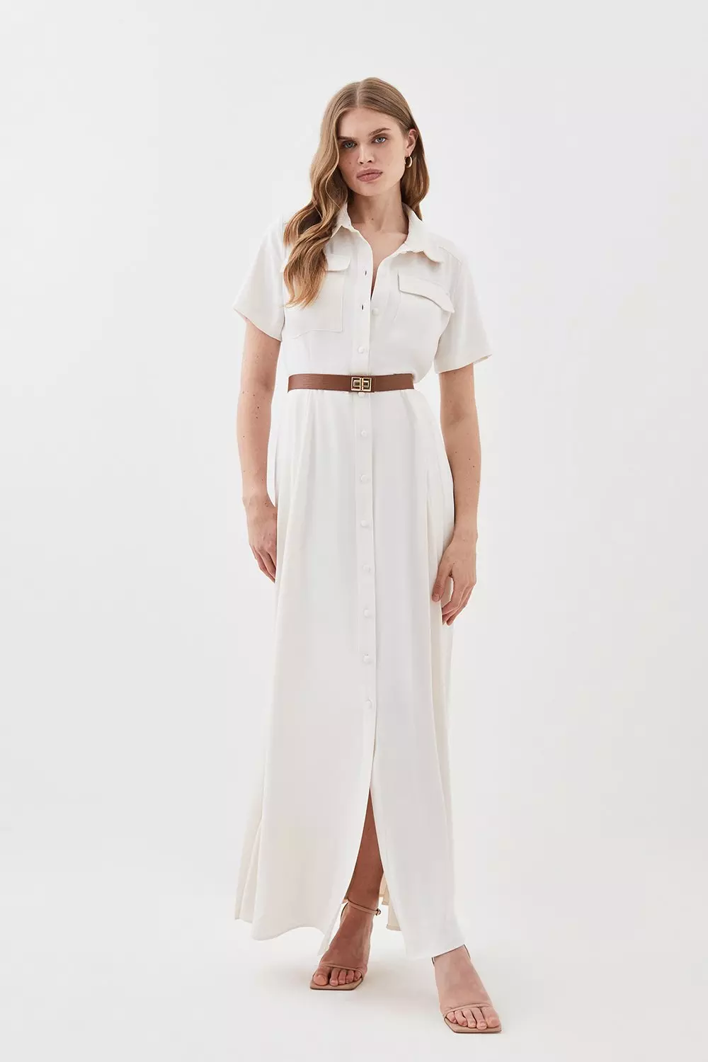 Soft Tailored Pleat Panel Midi Shirt Dress