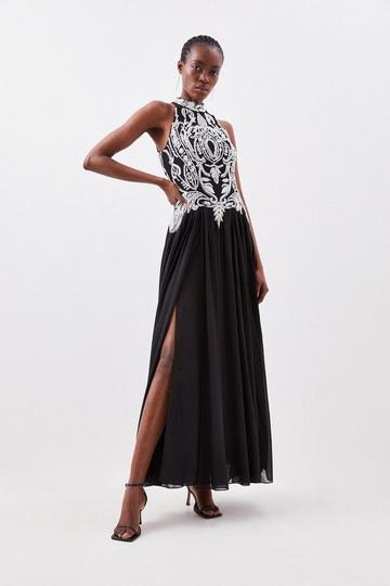 Crystal Embellished Halter Woven Maxi Dress mono