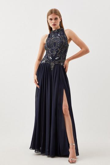Navy Crystal Embellished Halter Woven Maxi Dress