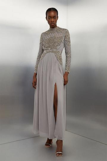 Silver Crystal Embellished Cut Out Woven Maxi Dress