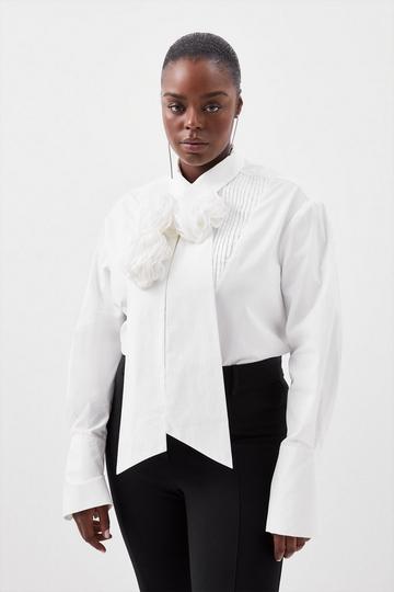 White Plus Size Striped Cotton Woven Shirt With Rosette
