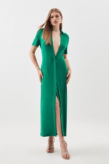 Green Jersey Crepe Plunge Woven Midi Dress