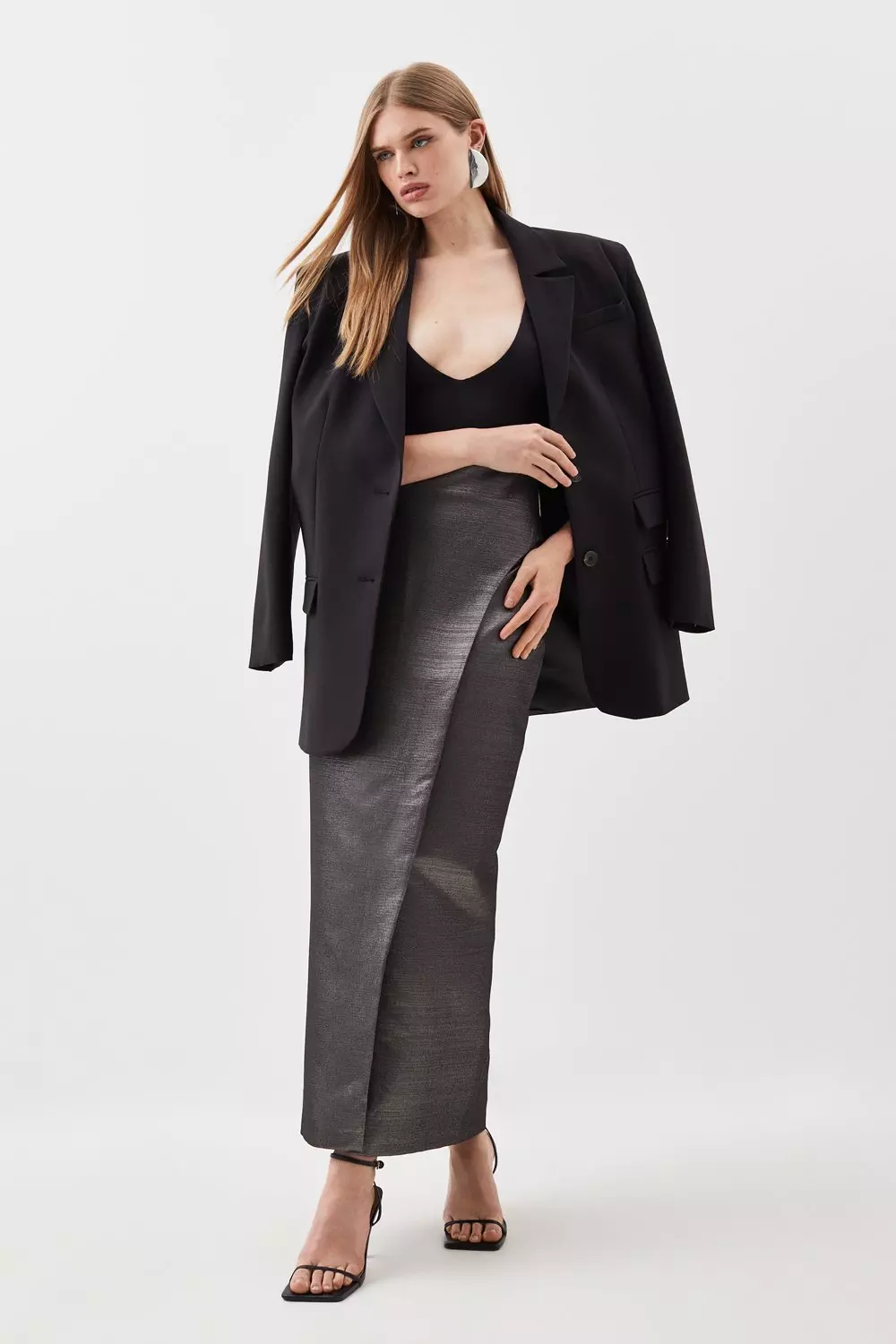 Tailored Metallic Wrap Detail Maxi Pencil Skirt Karen Millen