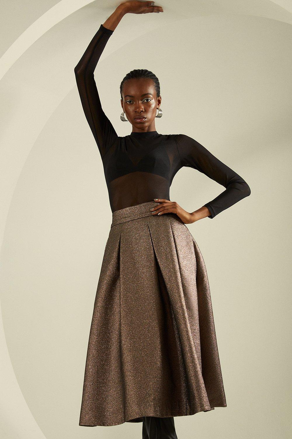 Metallic Matte Sequin Woven Midi Skirt | Karen Millen