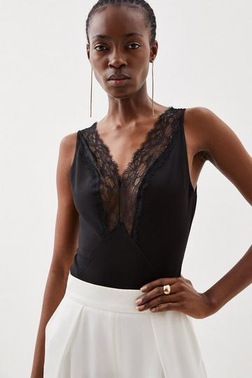Black Jersey Lace Panel Tie Detail Bodysuit