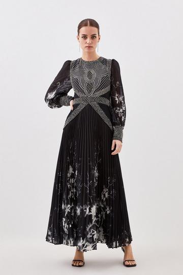Petite Embellished Long Sleeve Pleated Woven Midi Dress mono