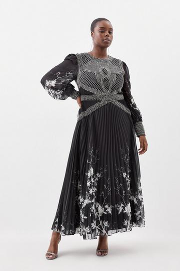 Plus Size Embellished Long Sleeve Pleated Woven Midi Dress mono