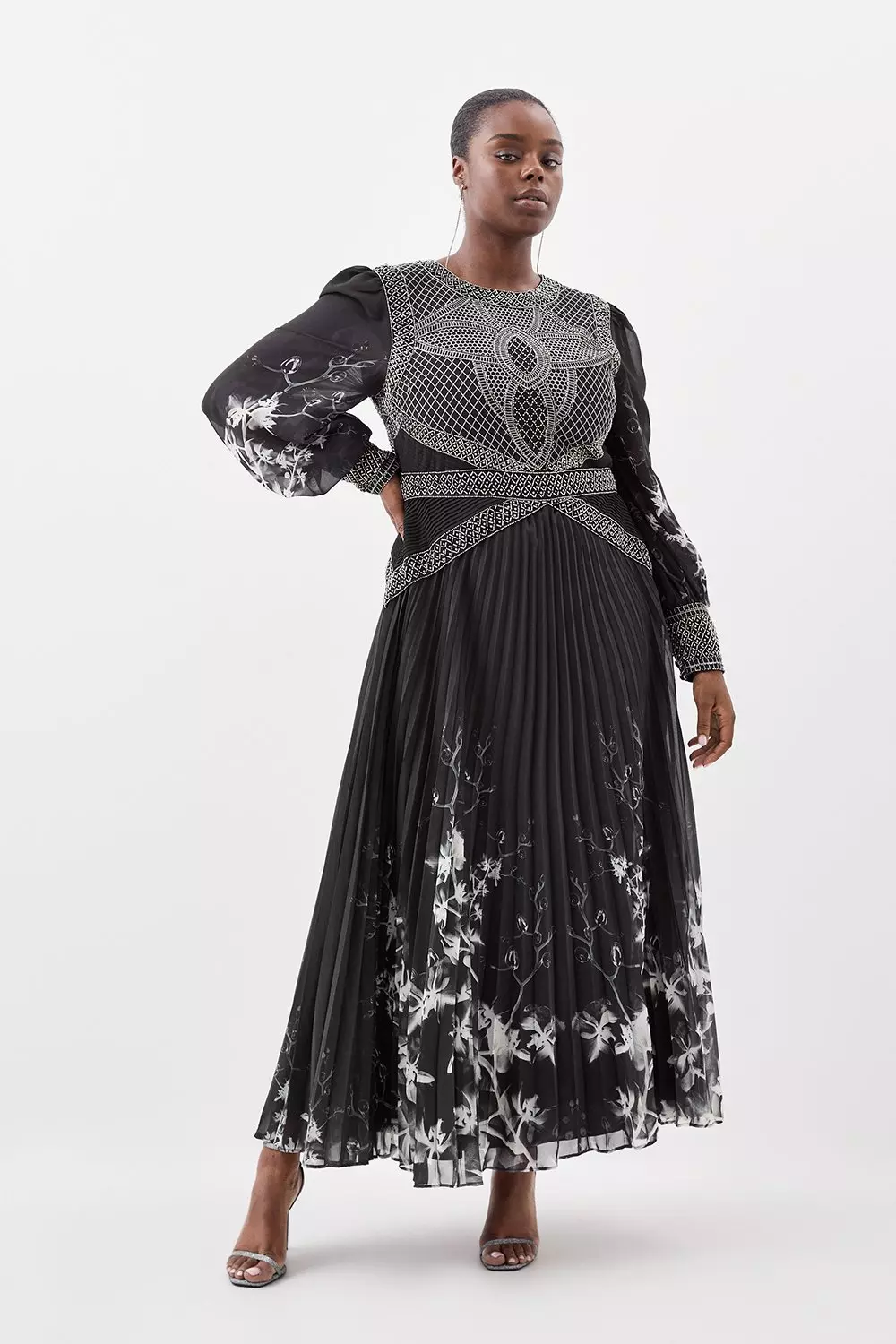 Embellished long 2025 sleeve midi dress