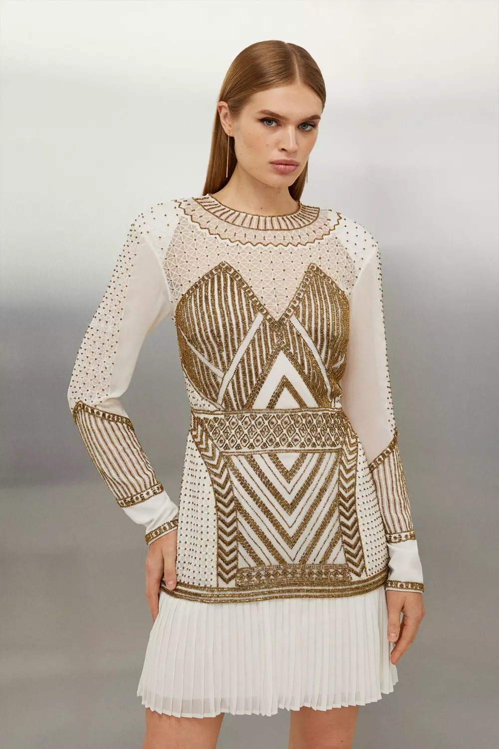 Gold Embellished Pleated Woven Mini Dress Karen Millen