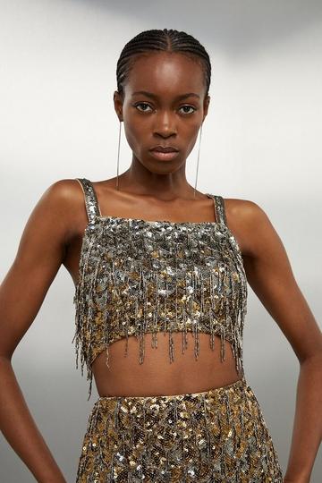 Scallop Beaded And Embellished Woven Crop Top gold