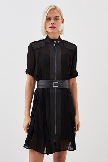 Black Contrast Panel Sheer Short Sleeve Woven Mini Dress