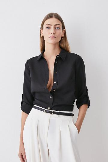 Linen Viscose Woven Long Sleeve Shirt black