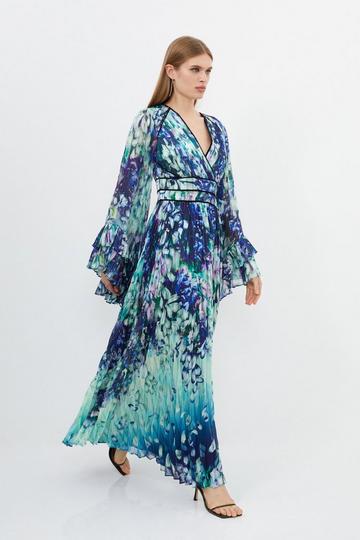Blue Floral Drama Kimono Woven Maxi Dress