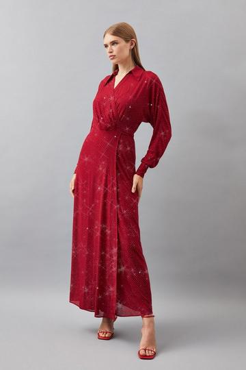 Petite Embellished Plunge Batwing Woven Maxi Dress red