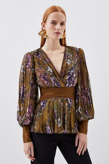 Sketched Botanical Pleated Woven Blouse floral