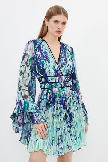 Blue Floral Drama Kimono Woven Midi Dress