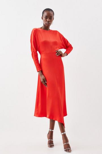 Red Satin Woven Crepe Long Sleeve Maxi Dress