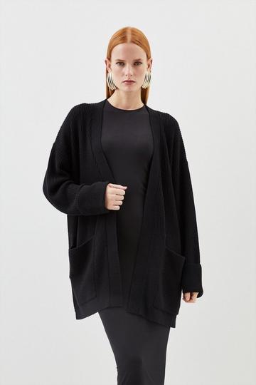 Black Premium Alpaca Wool Blend Mid Weight Knit Longline Cardigan